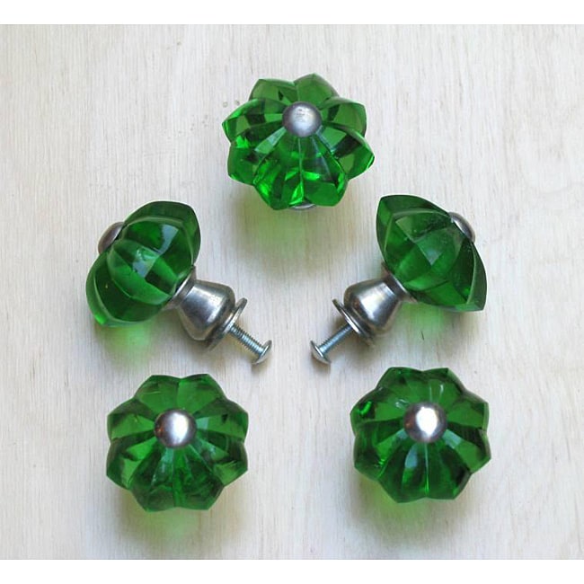 Emerald Green Star Glass and Satin Nickel Knobs (Set of 5) Free