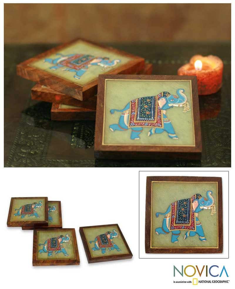 Handmade Set of 4 Soapstone 'Parade' Coasters (India)