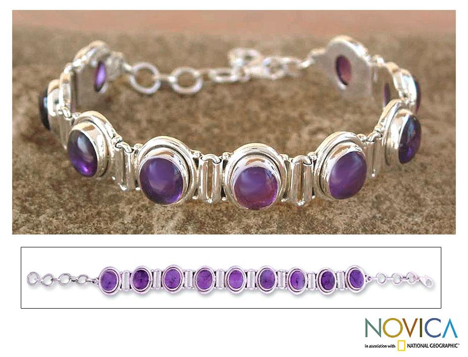 Bezel Set Gemstone Bracelet Signed INDO KC 925 Vintage Sterling Silver Amethyst Tennis Bracelet Oval Cut Amethyst Stones 8 Long