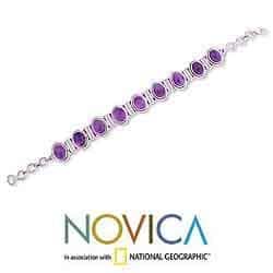 Bezel Set Gemstone Bracelet Signed INDO KC 925 Vintage Sterling Silver Amethyst Tennis Bracelet Oval Cut Amethyst Stones 8 Long