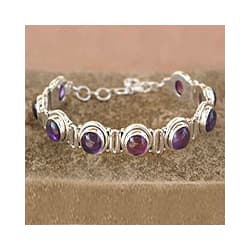 Bezel Set Gemstone Bracelet Signed INDO KC 925 Vintage Sterling Silver Amethyst Tennis Bracelet Oval Cut Amethyst Stones 8 Long