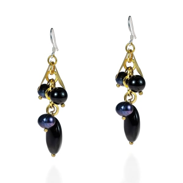 Shop Handmade Gold Leaf Black Onyx and Pearls Dangle Earrings (Thailand ...