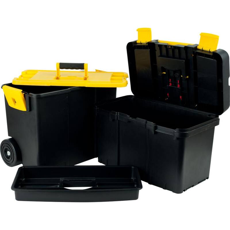 Portable Tool Box with Wheels - Stackable 2-in-1 Tool Chest with Fold-Down Handles, Tough Latches, Storage Trays by Stalwart