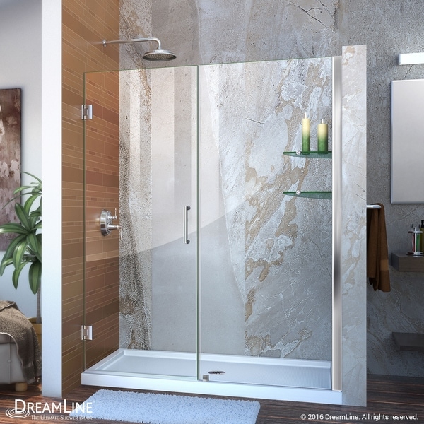 DreamLine Unidoor 58-59 in. W x 72 in. H Frameless Hinged Shower Door with Shelves, Clear Glass