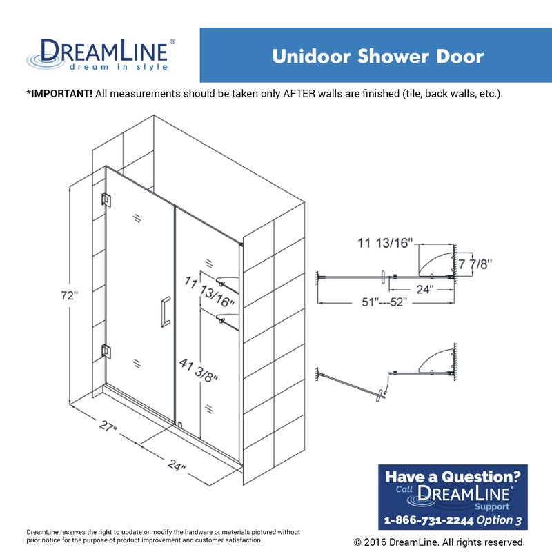 DreamLine Unidoor 51-52 in. W x 72 in. H Frameless Hinged Shower Door with Shelves - 51" - 52" W