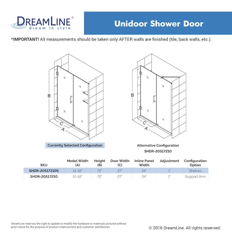 DreamLine Unidoor 51-52 in. W x 72 in. H Frameless Hinged Shower Door with Shelves - 51" - 52" W