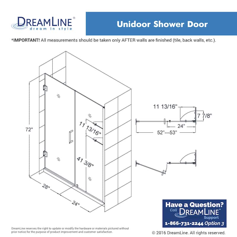 DreamLine Unidoor 51-52 in. W x 72 in. H Frameless Hinged Shower Door with Shelves - 51" - 52" W