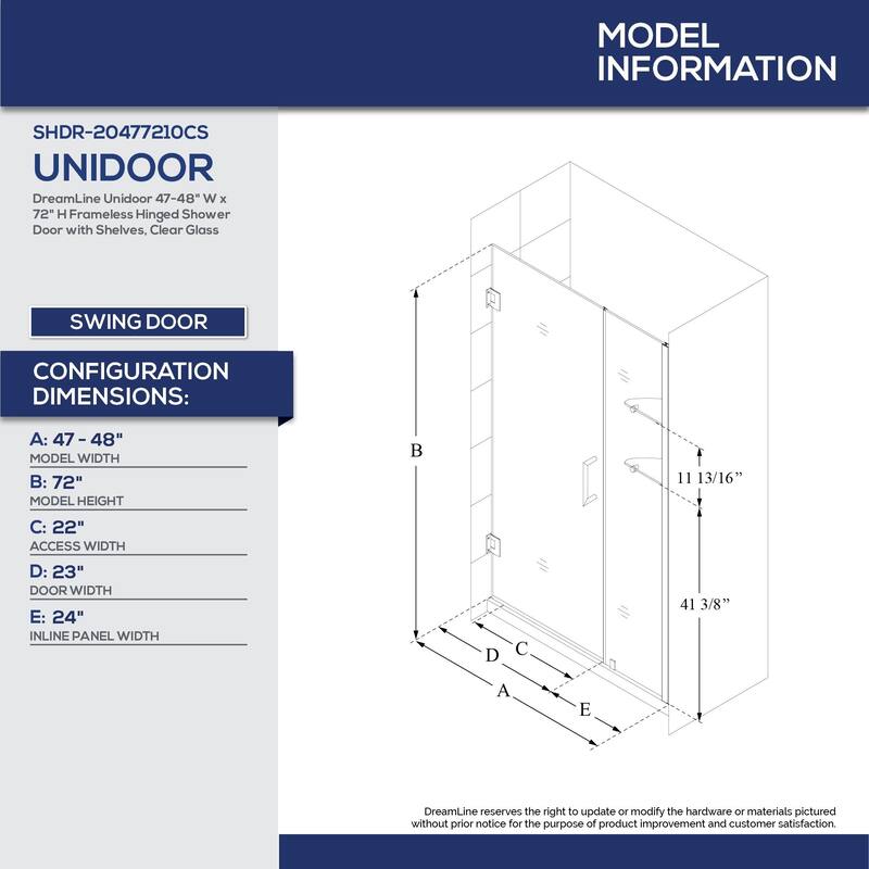 DreamLine Unidoor 47-48 in. W x 72 in. H Frameless Hinged Shower Door with Shelves - 47" - 48" W - 47" - 48" W