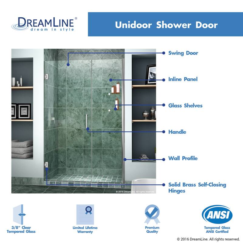 DreamLine Unidoor 39-40 in. W x 72 in. H Frameless Hinged Shower Door with Shelves - 39" - 40" W