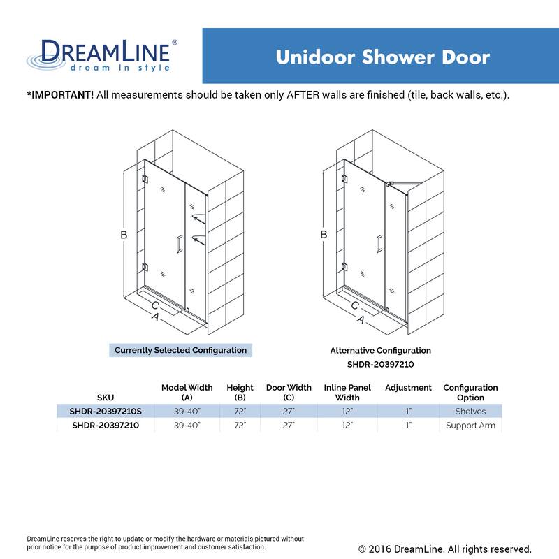 DreamLine Unidoor 39-40 in. W x 72 in. H Frameless Hinged Shower Door with Shelves - 39" - 40" W