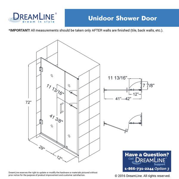 dimension image slide 2 of 5, DreamLine Unidoor 39-40 in. W x 72 in. H Frameless Hinged Shower Door with Shelves - 39" - 40" W