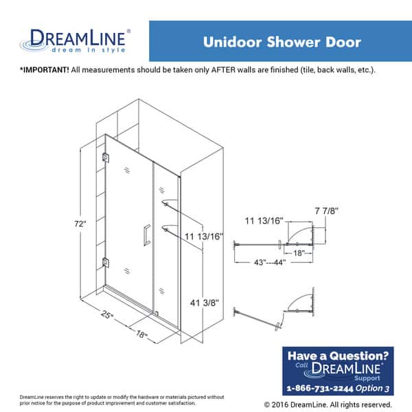 dimension image slide 3 of 8, DreamLine Unidoor 41-42 in. W x 72 in. H Frameless Hinged Shower Door with Shelves - 41" - 42" W