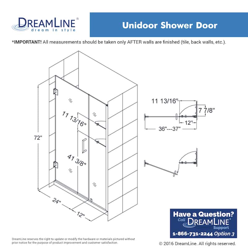 DreamLine Unidoor 35-36 in. W x 72 in. H Frameless Hinged Shower Door with Shelves - 35" - 36" W