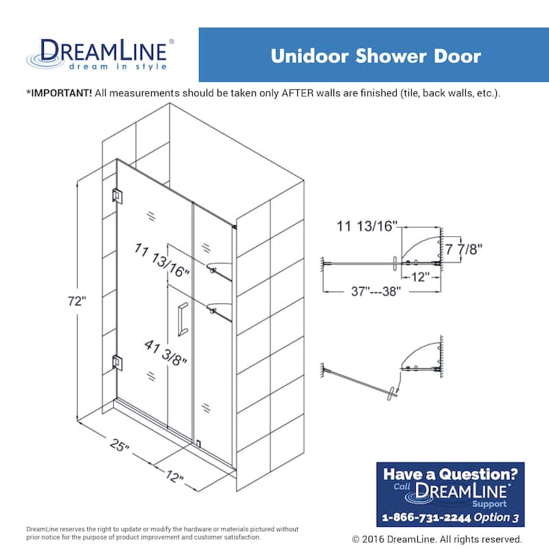 DreamLine Unidoor 35-36 in. W x 72 in. H Frameless Hinged Shower Door with Shelves - 35" - 36" W