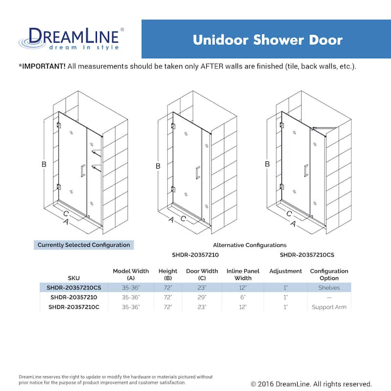 DreamLine Unidoor 35-36 in. W x 72 in. H Frameless Hinged Shower Door with Shelves - 35" - 36" W