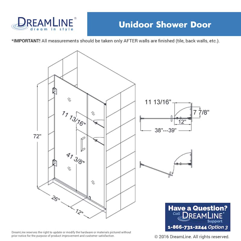 DreamLine Unidoor 35-36 in. W x 72 in. H Frameless Hinged Shower Door with Shelves - 35" - 36" W