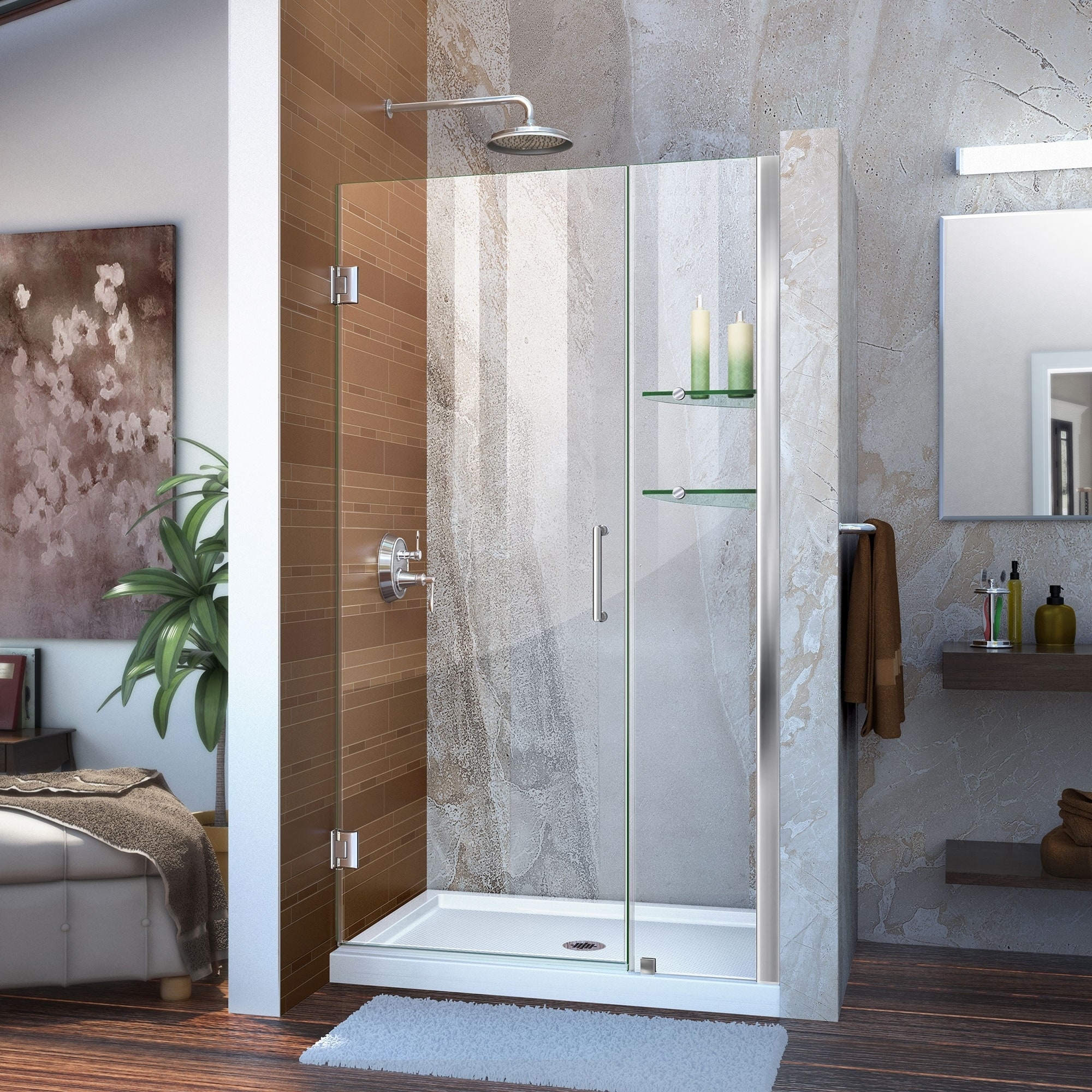 DreamLine Unidoor 35-36 in. W x 72 in. H Frameless Hinged Shower Door with Shelves - 35" - 36" W