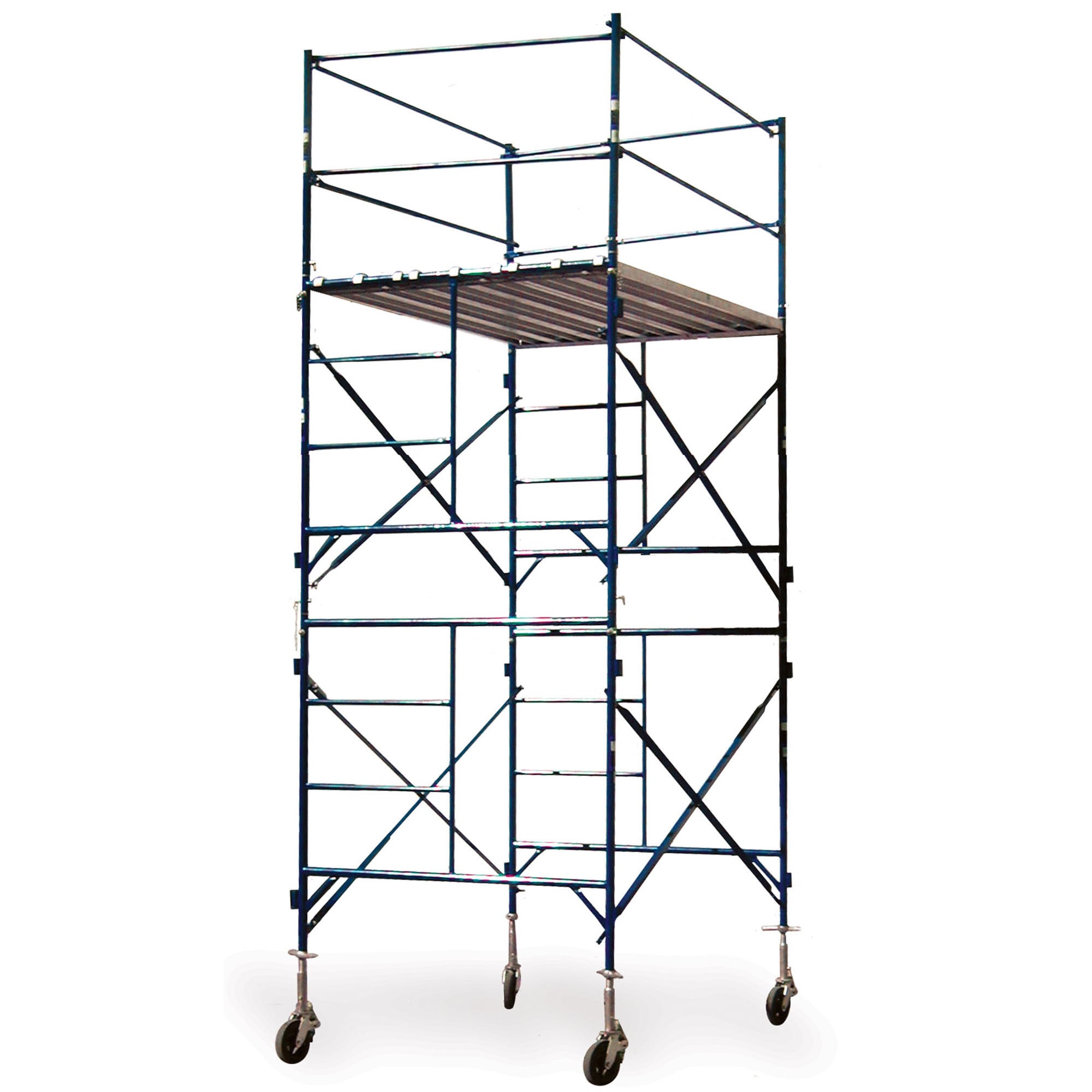 Rolling 2 story Scaffold Tower (Blue paint finishSize 10 foot base for outdoor useFor use at any residential or commercial construction siteDimensions 16 feet high x 7 feet wide x 5 feet deepExceeds all OSHA and ANSI scaffolding regulationsModel 07098A