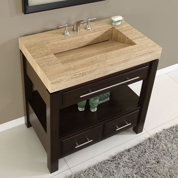 Silkroad Exclusive Travertine Top Single Stone Sink Bathroom Vanity