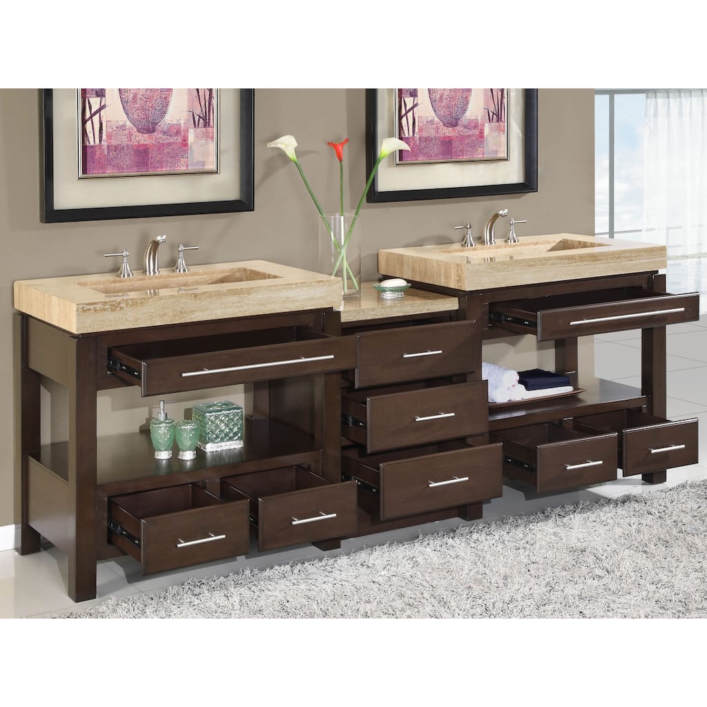 Silkroad Exclusive Travertine Countertop Double Stone Sink Bathroom Vanity