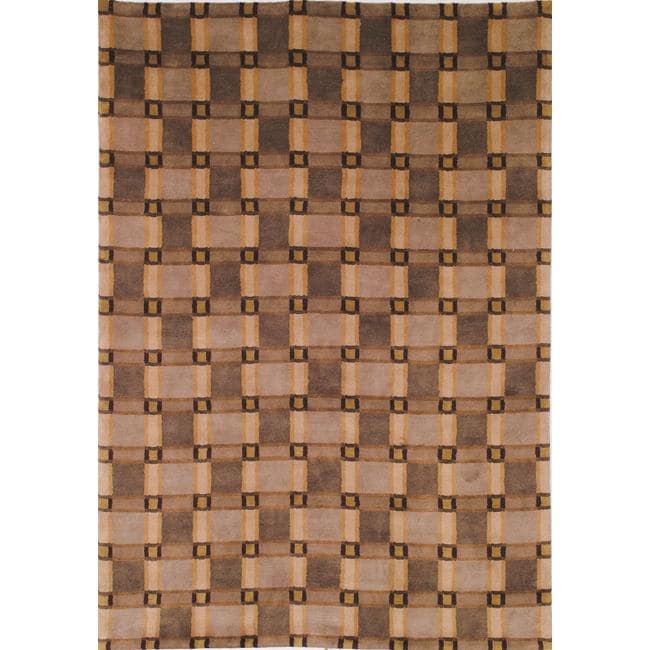 Hand knotted Lexington Beige Plaid Rectangular Wool Rug (76 X 96)