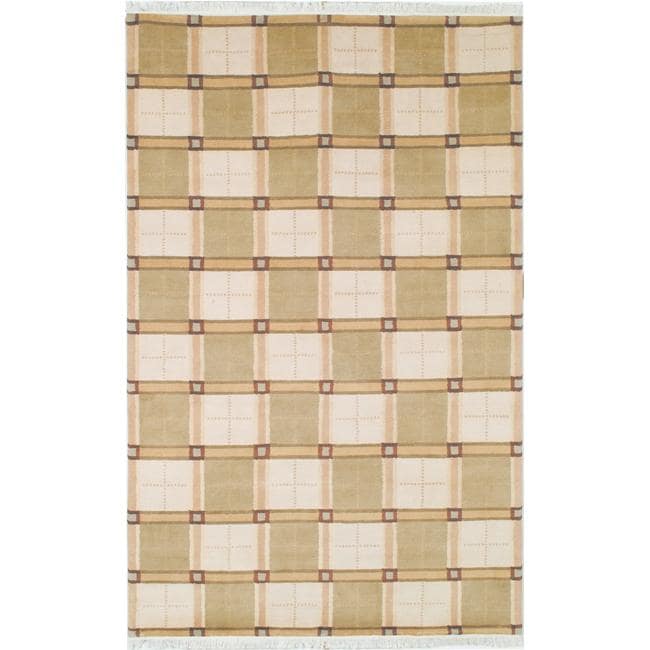 Hand knotted Lexington Plaid Ivory Wool Rug (6 X 9)