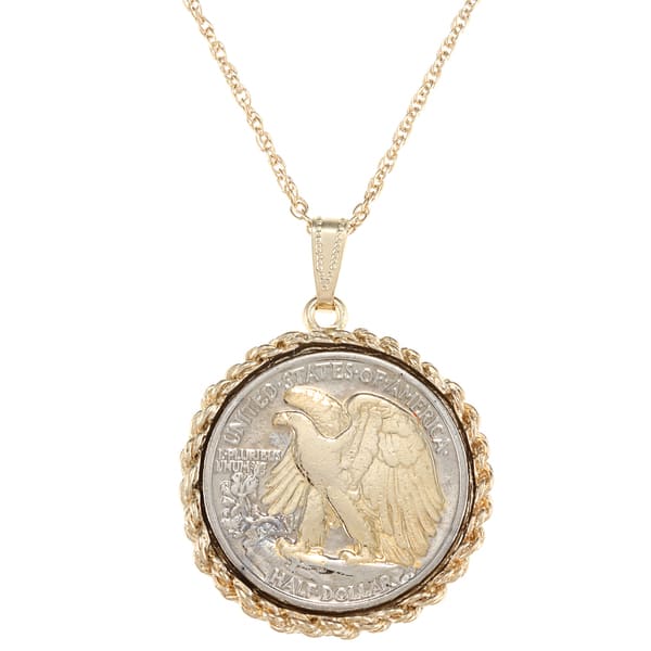 Walking Liberty Half Dollar Cut US Coin Necklace Gold on Silver Pendant w// Chain