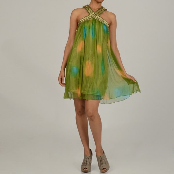 Issue New York Women's Green Silk Beaded Short Evening Dress ISSUE Evening & Formal Dresses