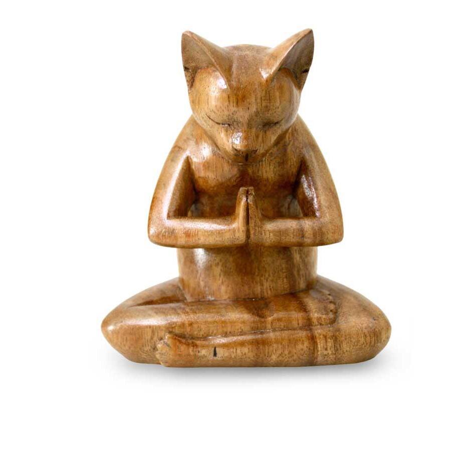 NOVICA Kitty Cat Prayer Handmade Kitten Christian Prayer Zen Buddhist Brown Feline Home Decor Desk Gift Wood Statuette