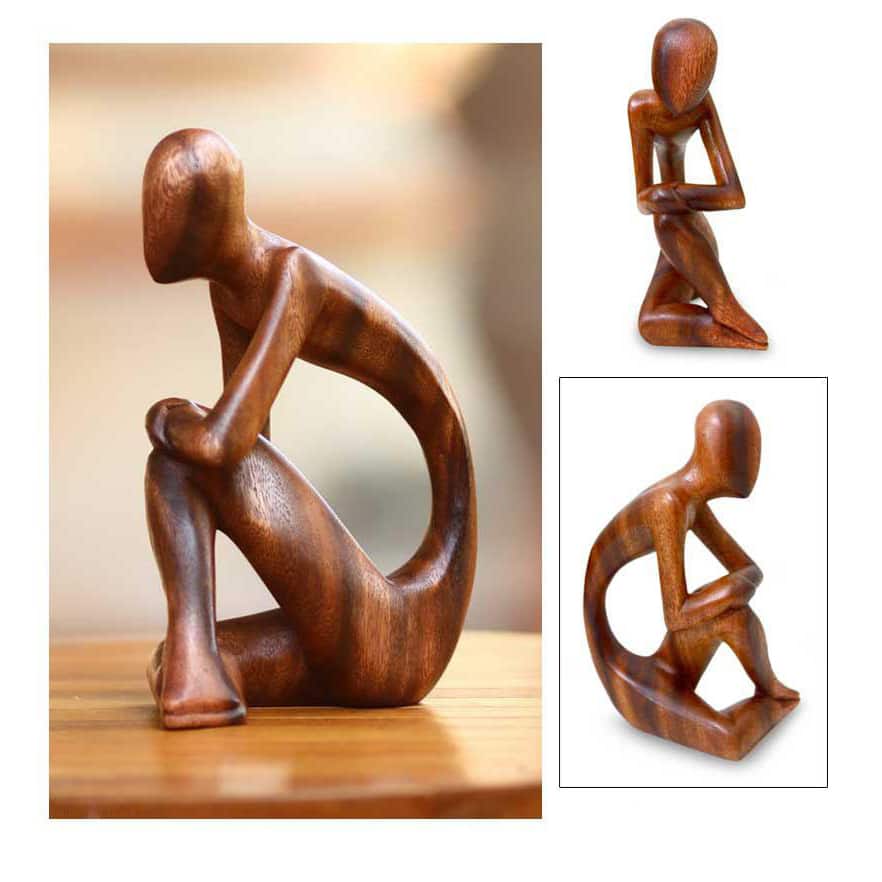 Suar Wood 'Alone' Sculpture, Handmade in Indonesia - 8 H * 4.7 W