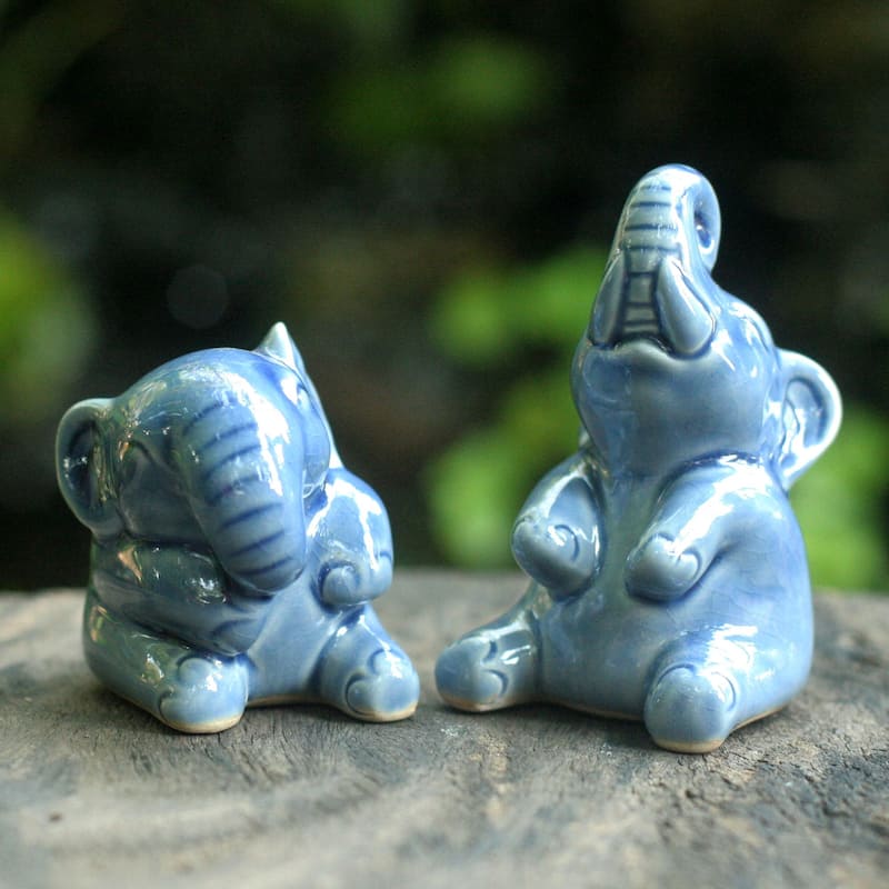 Handmade Happy Elephants in Blue Celadon Handmade Artisan Animal Figurine (Set of 2) (Thailand)