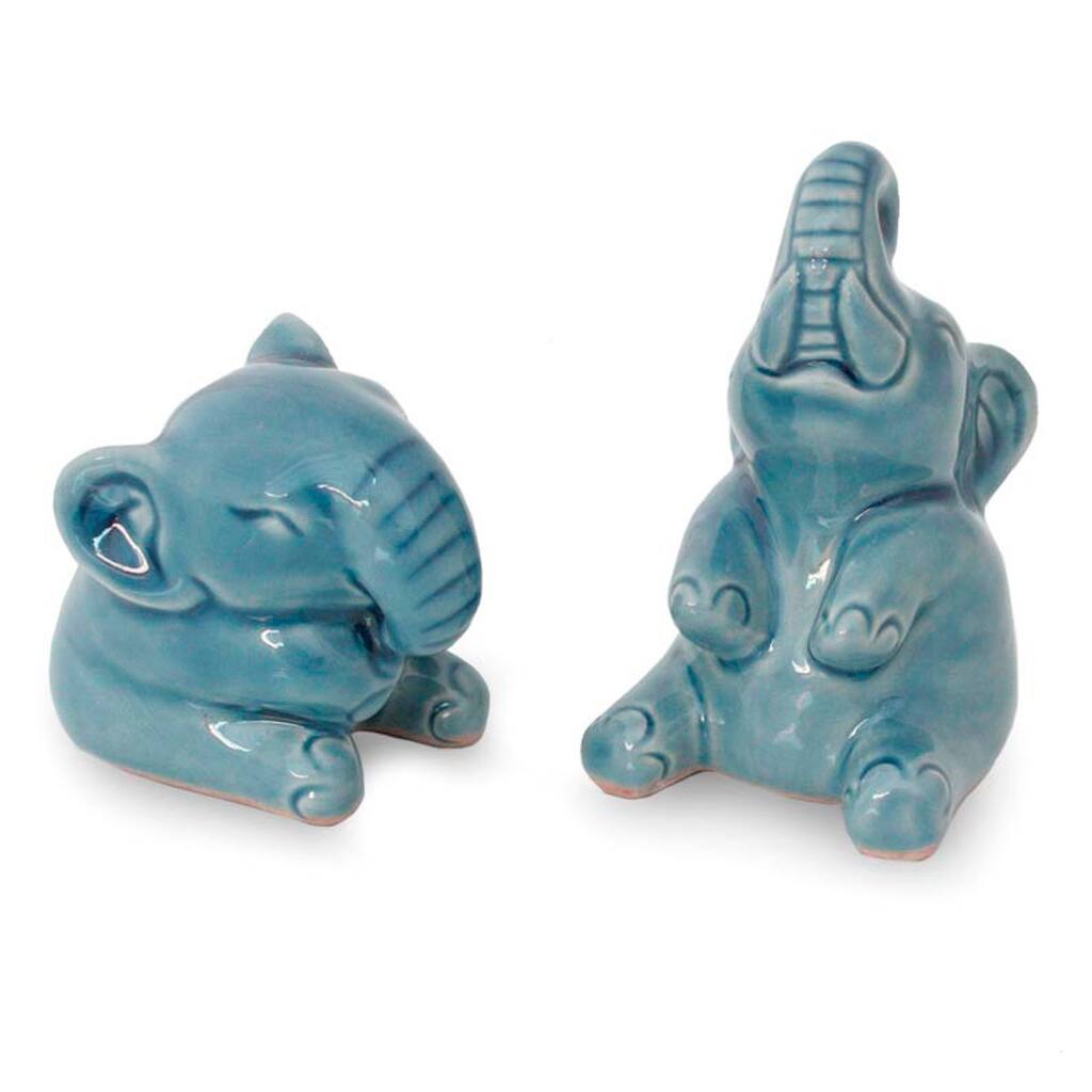 Handmade Happy Elephants in Blue Celadon Handmade Artisan Animal Figurine (Set of 2) (Thailand)