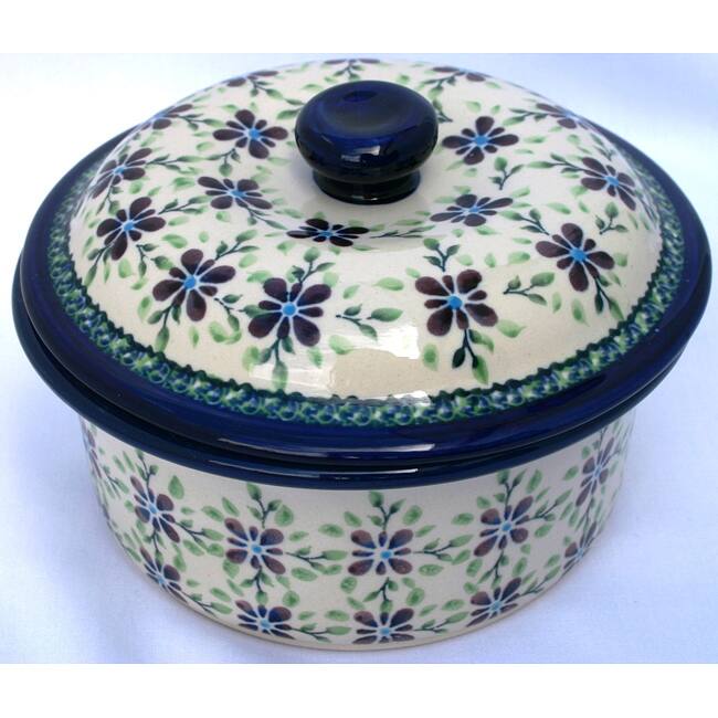 Handmade Polish Stoneware Five-cup Lidded Floral Casserole (Poland)