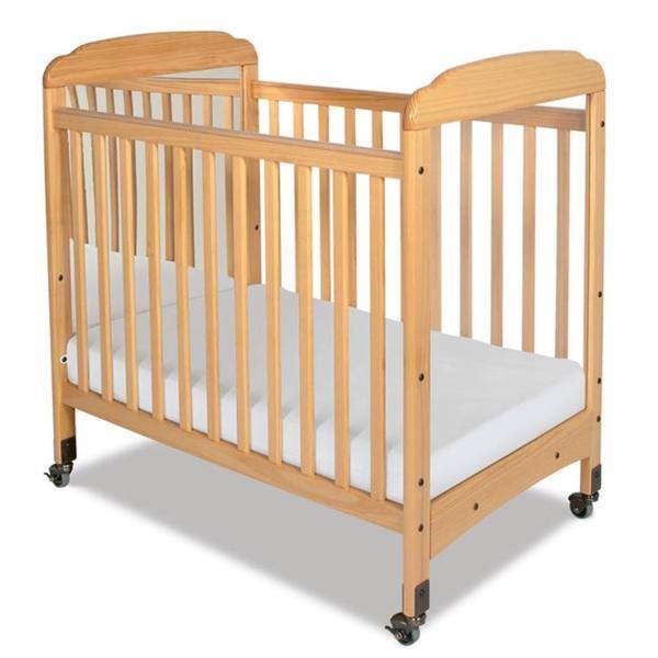 slide 1 of 1, Serenity Natural Mirrored End Fixed-Side Compact Crib with Mattress