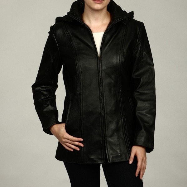 Shop FourteenZero Women's Black Hooded Leather Jacket Free Shipping