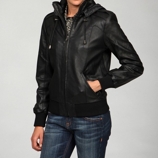 Shop Izod Women's Lamb-leather Hooded Knit Detail Jacket - Free