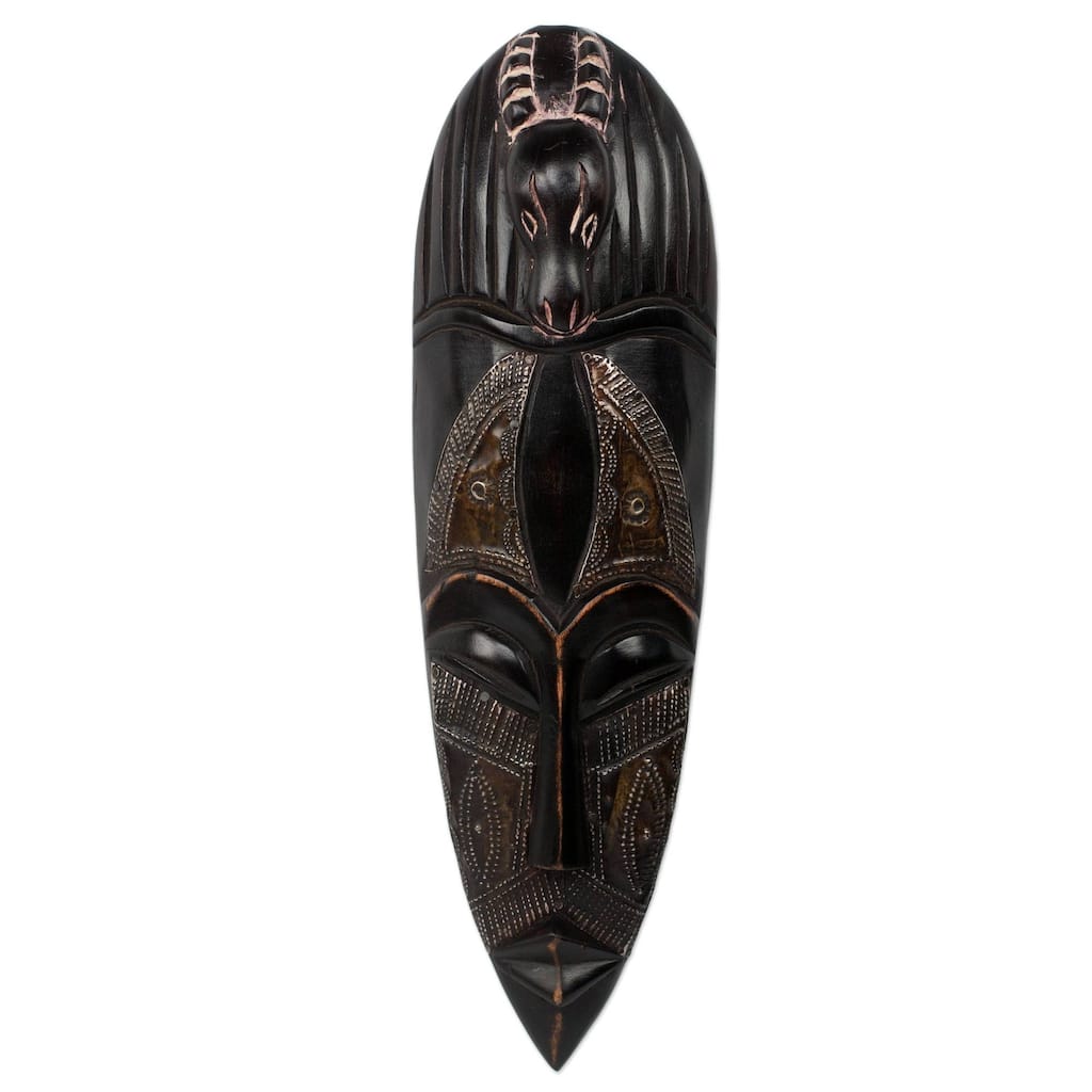 Handmade Sese Wood and Aluminum 'Steal Not' African Mask (Ghana) - Brown