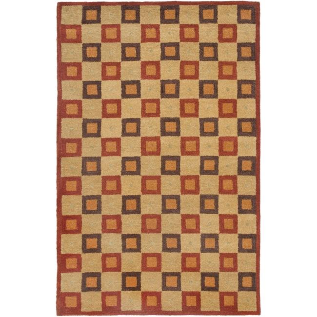 Handmade New Zealand Checkers Beige/ Rust Rug (76 X 96)