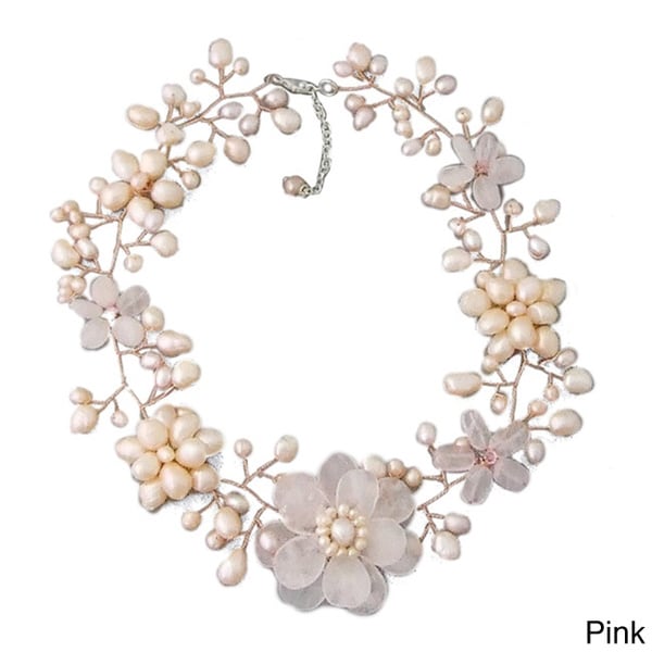 Copper Pink Quartz/ Pearl Floral Wreath Necklace (6 15 mm) (Thailand