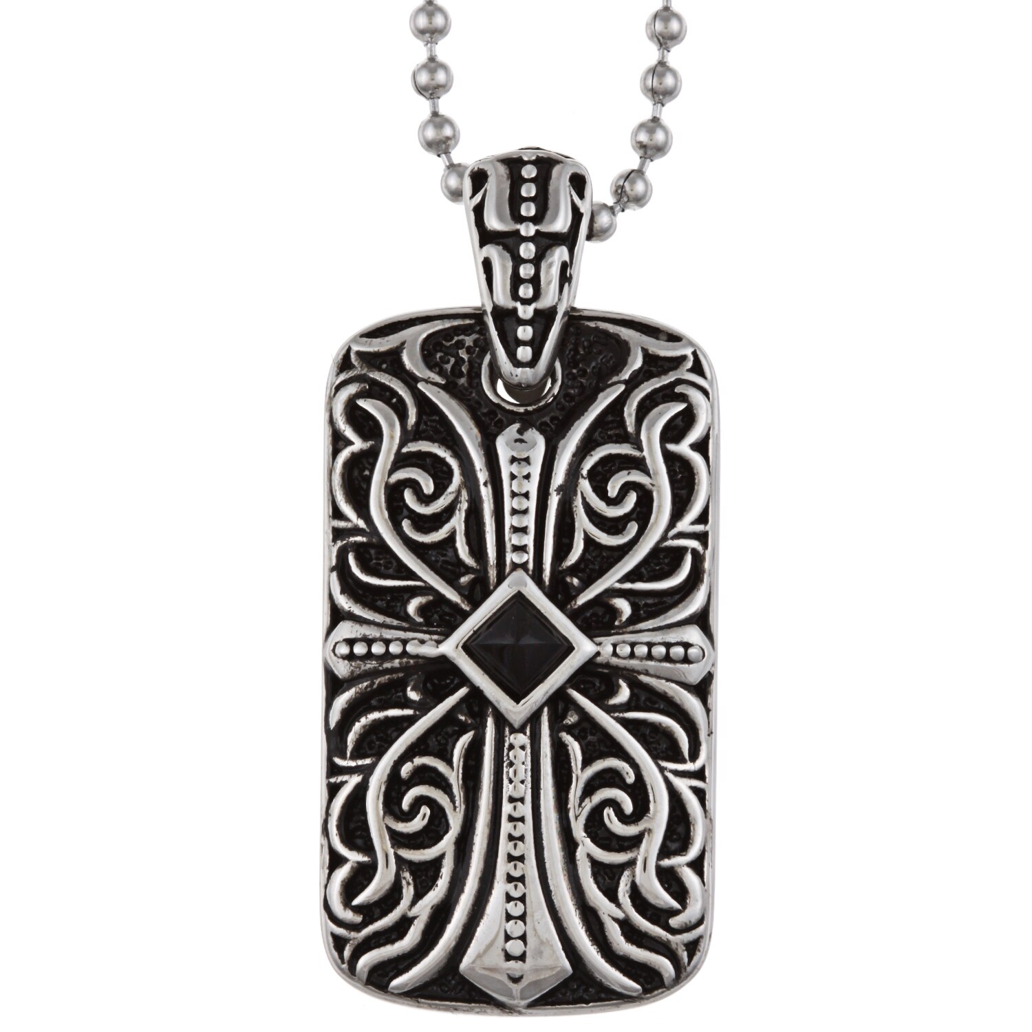 Stainless Steel Men's Black Onyx Cross Dog Tag Necklace Free Shipping