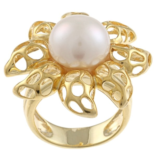 Kabella Kabella Gold Over Silver Freshwater Pearl Flame Ring (12mm) Kabella Jewelry Pearl Rings