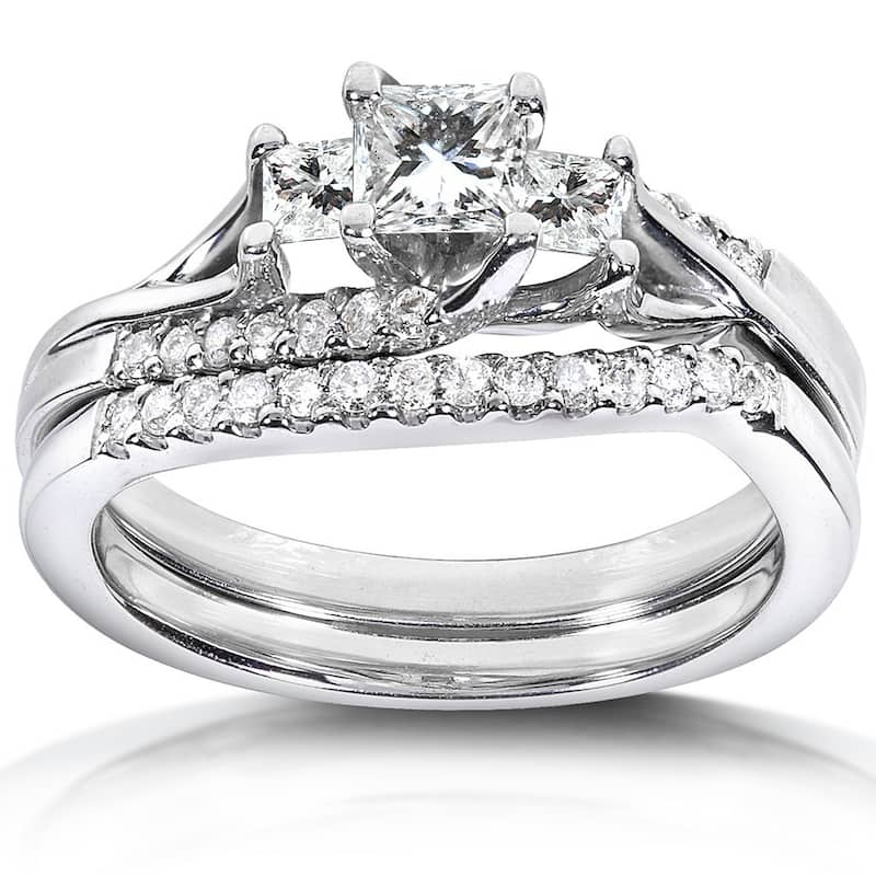 Annello by Kobelli 14k White Gold 3/4ct TDW 3-Stone Princess Diamond Bridal Rings Set