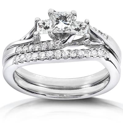 Annello by Kobelli 14k White Gold 3/4ct TDW 3-Stone Princess Diamond Bridal Rings Set