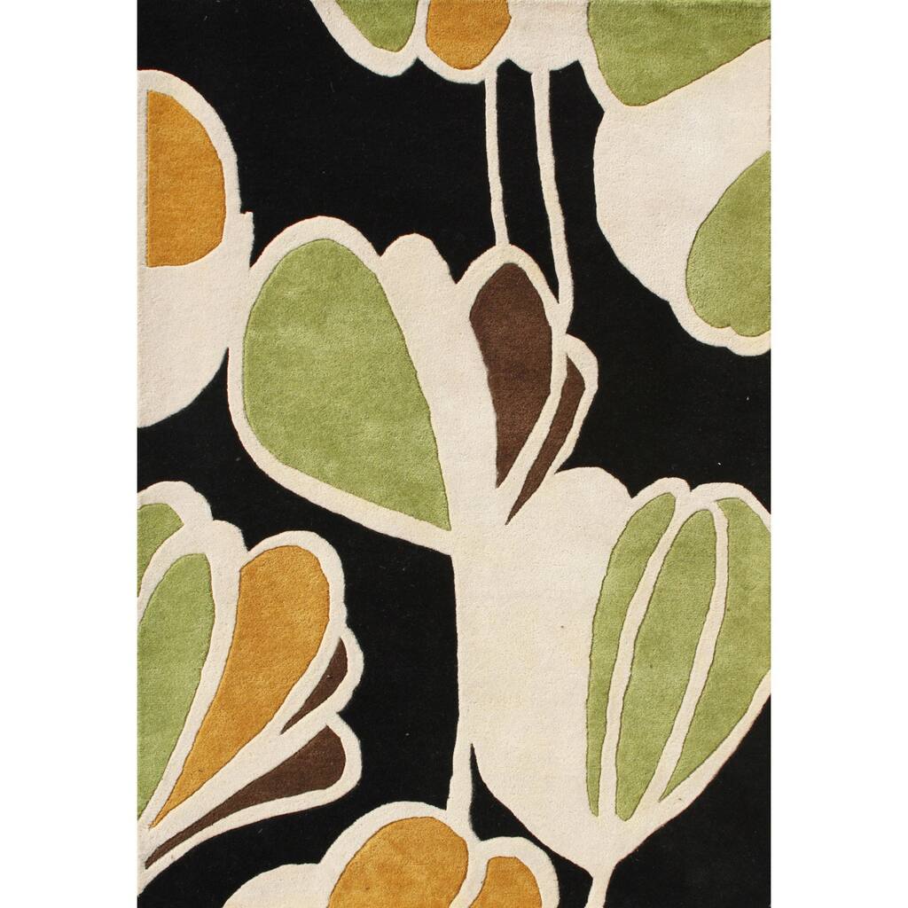 Alliyah Handmade New Zeeland Blend Black Floral Wool Rug - 5' x 8'