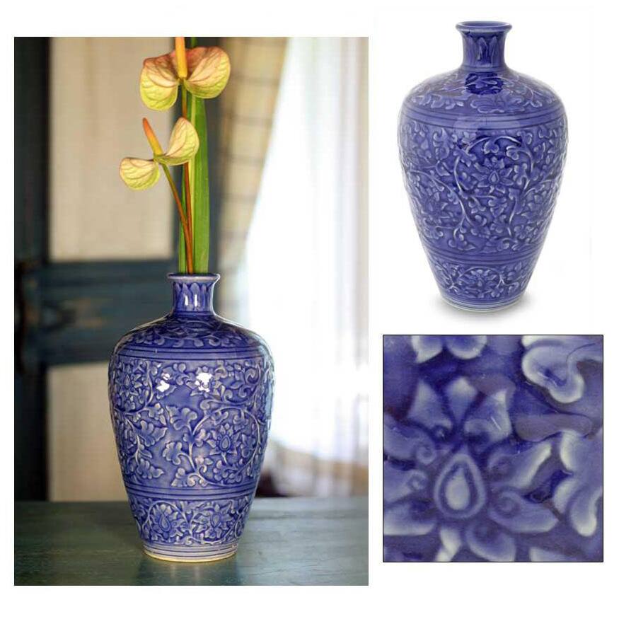 Handmade Celadon Ceramic 'Azure Lace' Vase (Thailand)