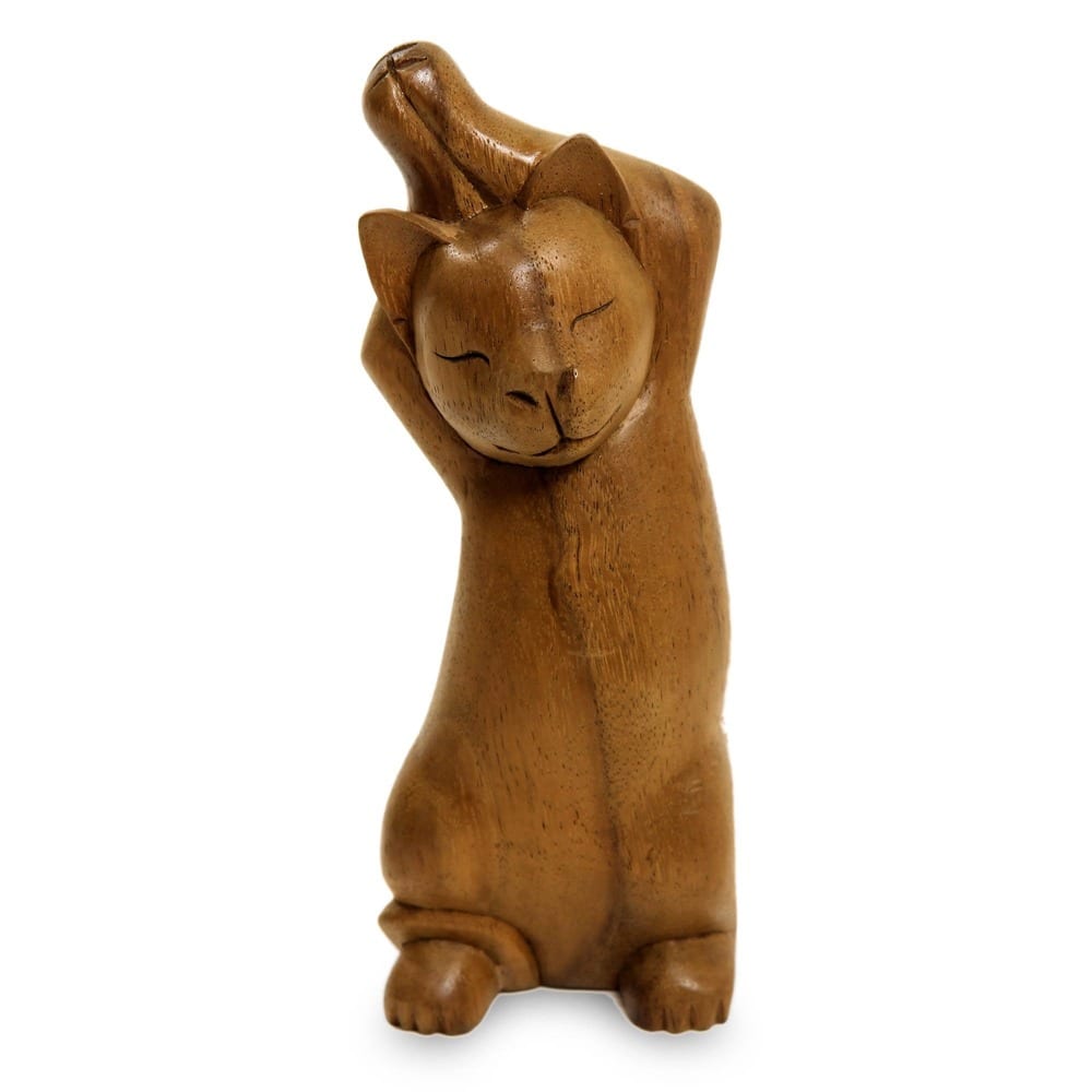 Handmade Suar Wood 'Kitty Cat Stretch' Sculpture (Indonesia)