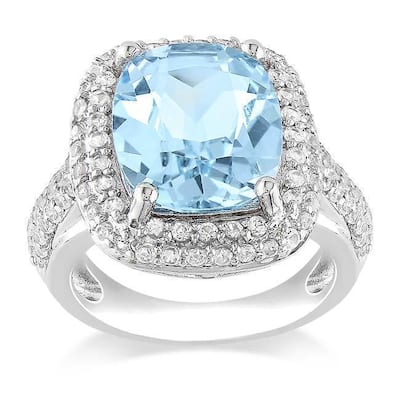 Miadora Sterling Silver Blue Cushion-cut Topaz and Created White Sapphire Ring