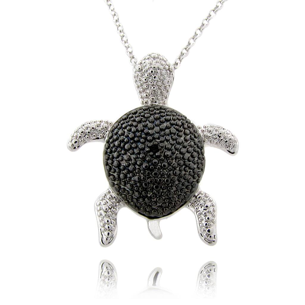 Finesque Black and Silvertone Diamond Accent Turtle Necklace