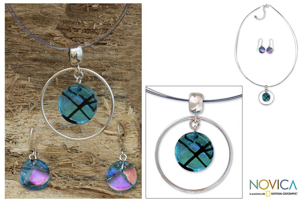Sterling Silver Hypnotic Blues Dichroic Glass Jewelry Set (Mexico