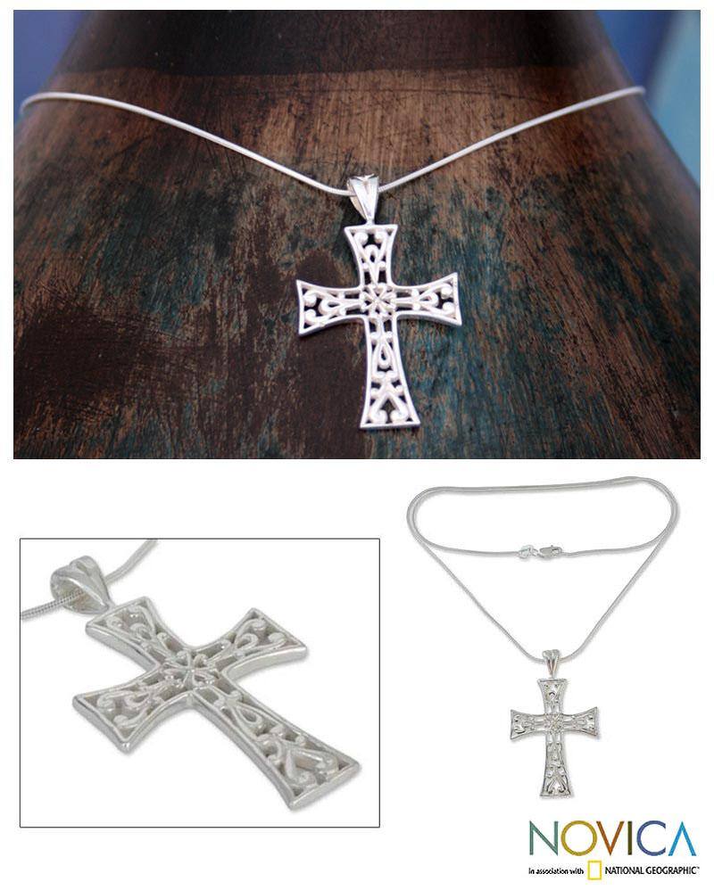 Handmade Sterling Silver 'Floral Faith' Cross Necklace (Mexico)